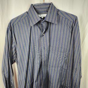 Alex Cannon gray, black and blue striped dress shirt, size Large.